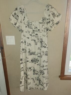 Tulip Creations  Cotton Linen Midi Dress Womens Medium Travel Print Smocked